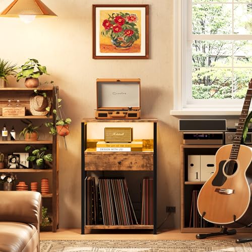 Black Record Player Stand with Vinyl Storage and Drawer B120