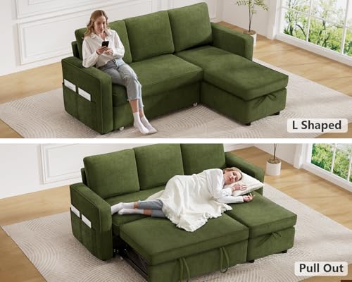 Green Chenille L Shaped Sleeper Sofa with Pull Out Bed O807