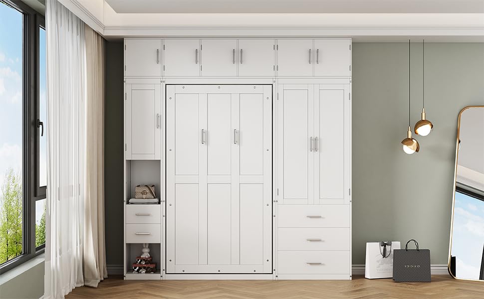 Twin Size Murphy Bed Frame with Lockers and Wardrobes, White R79415