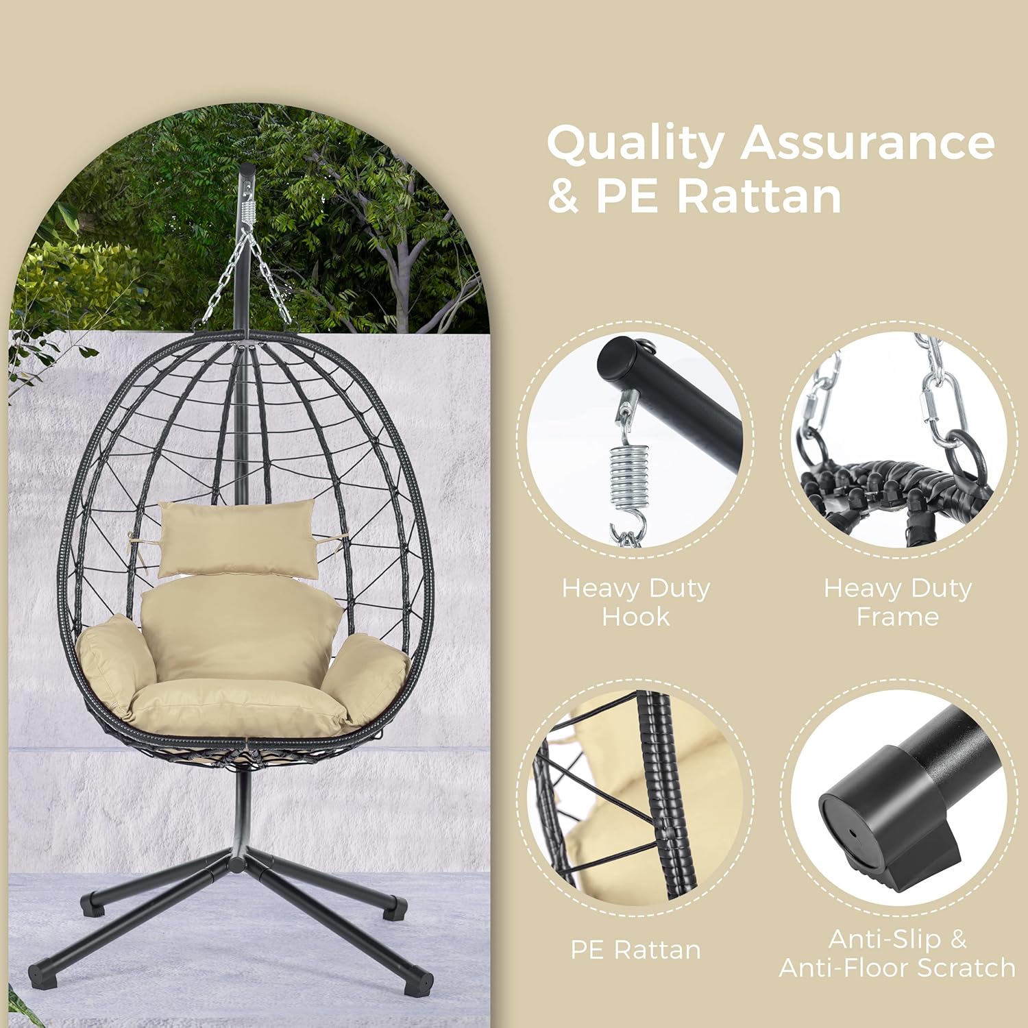 Egg Chair with Stand, Rattan Hanging Chair with Cushion S4962
