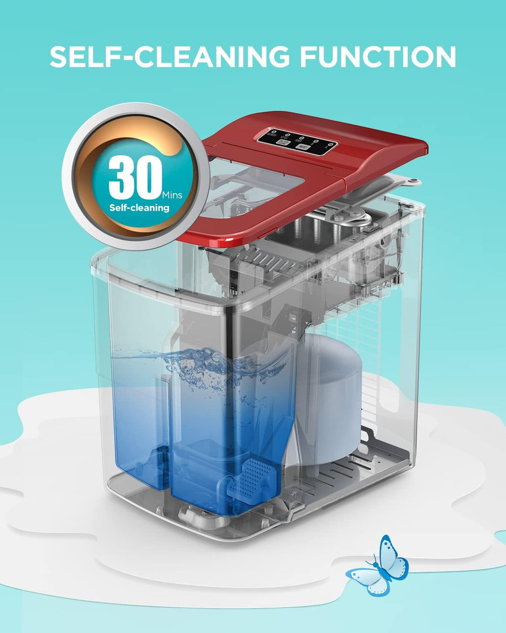 Red Ice Maker Machine, 26lbs 24Hrs Portable Self-Cleaning Z938