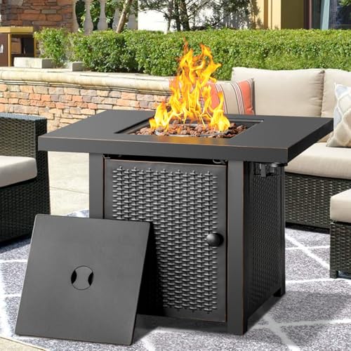 32 Inch Propane Fire Pit Table with Lid and Lava Rock R498