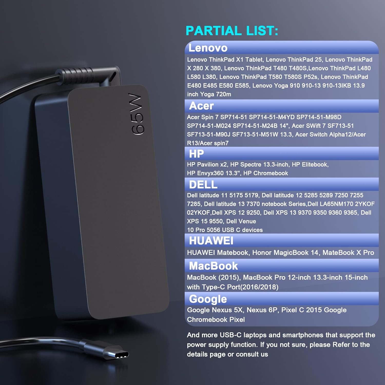 65W USB C Laptop Charger Power Supply E99106