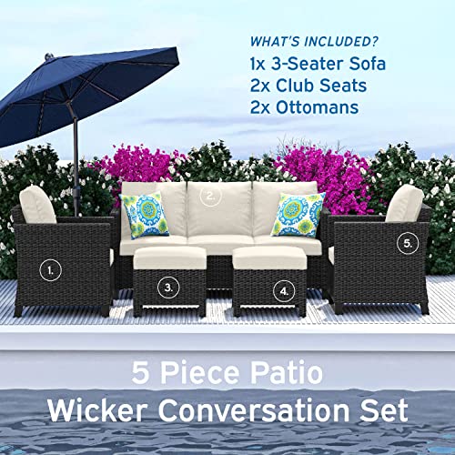 5 Piece Brown Wicker Patio Furniture Set with Beige Cushions B941578