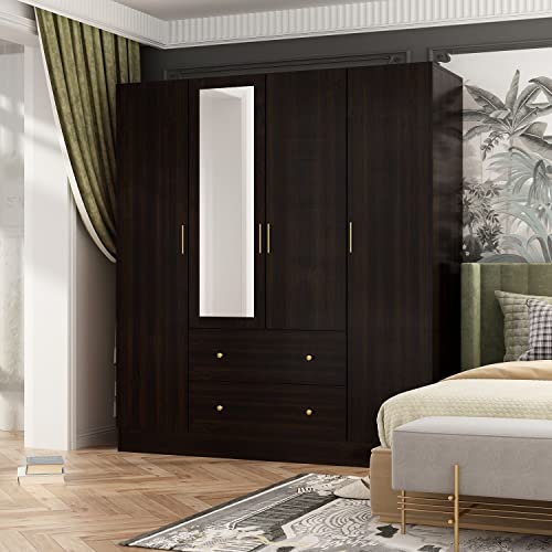 White 4-Door Wardrobe Closet with Mirror, Drawers and Shelves, Hanging Rod X75549