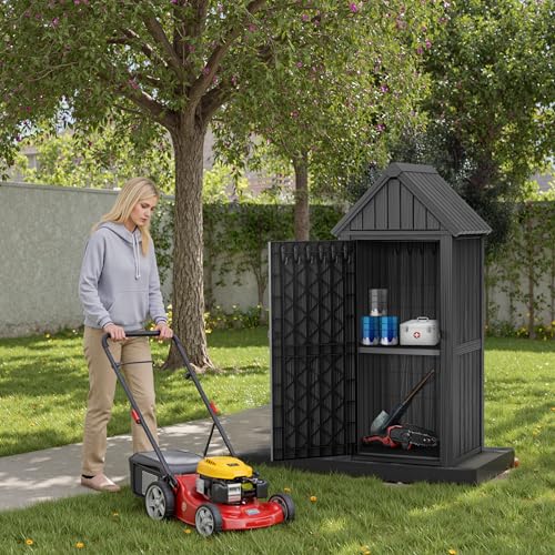 Outdoor Storage Shed Waterproof Resin Heavy-Duty Cabinet Light Brown J13892