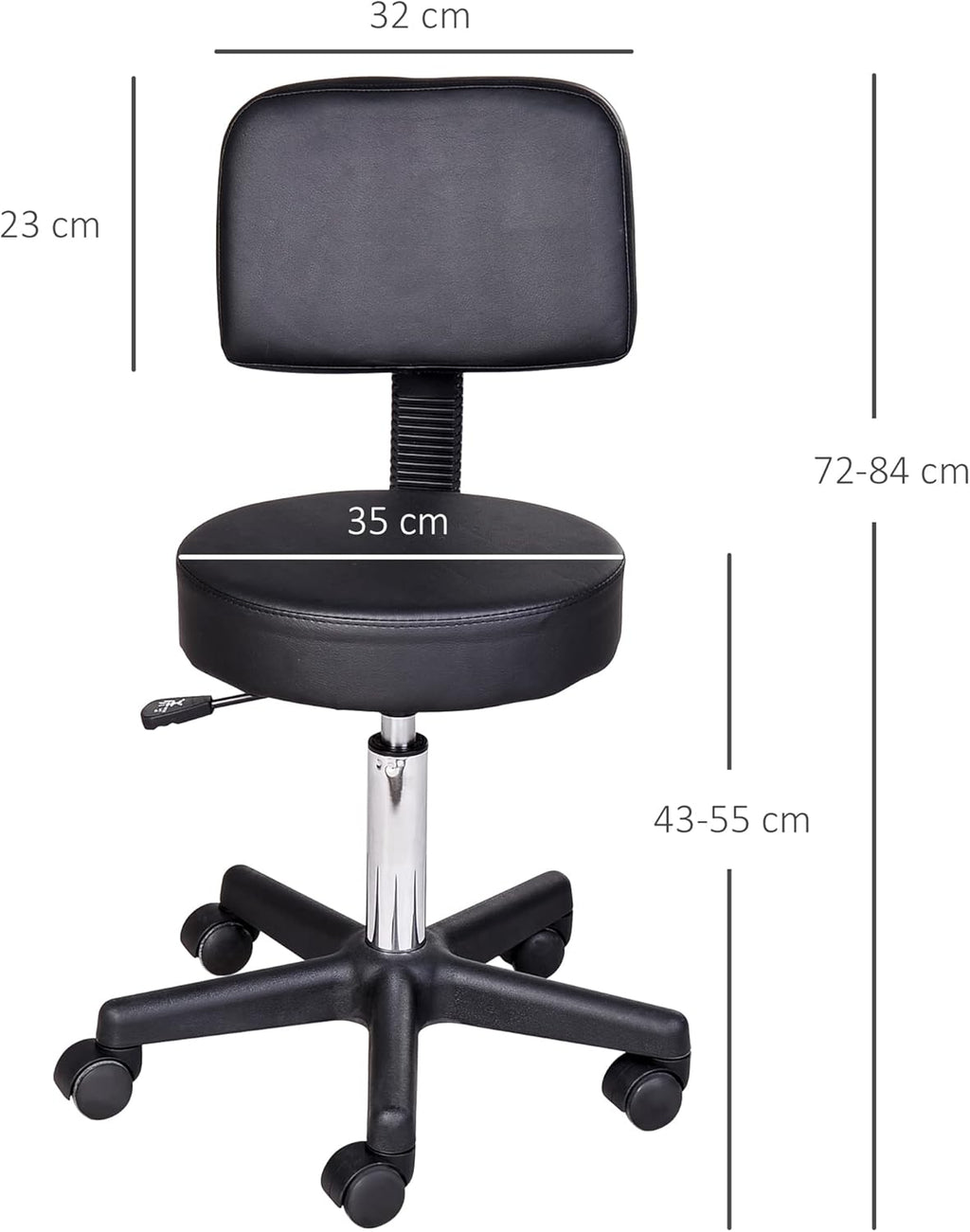 Black Swivel Stool with Back Support, Adjustable Height, PU Leather, Wheels T574551