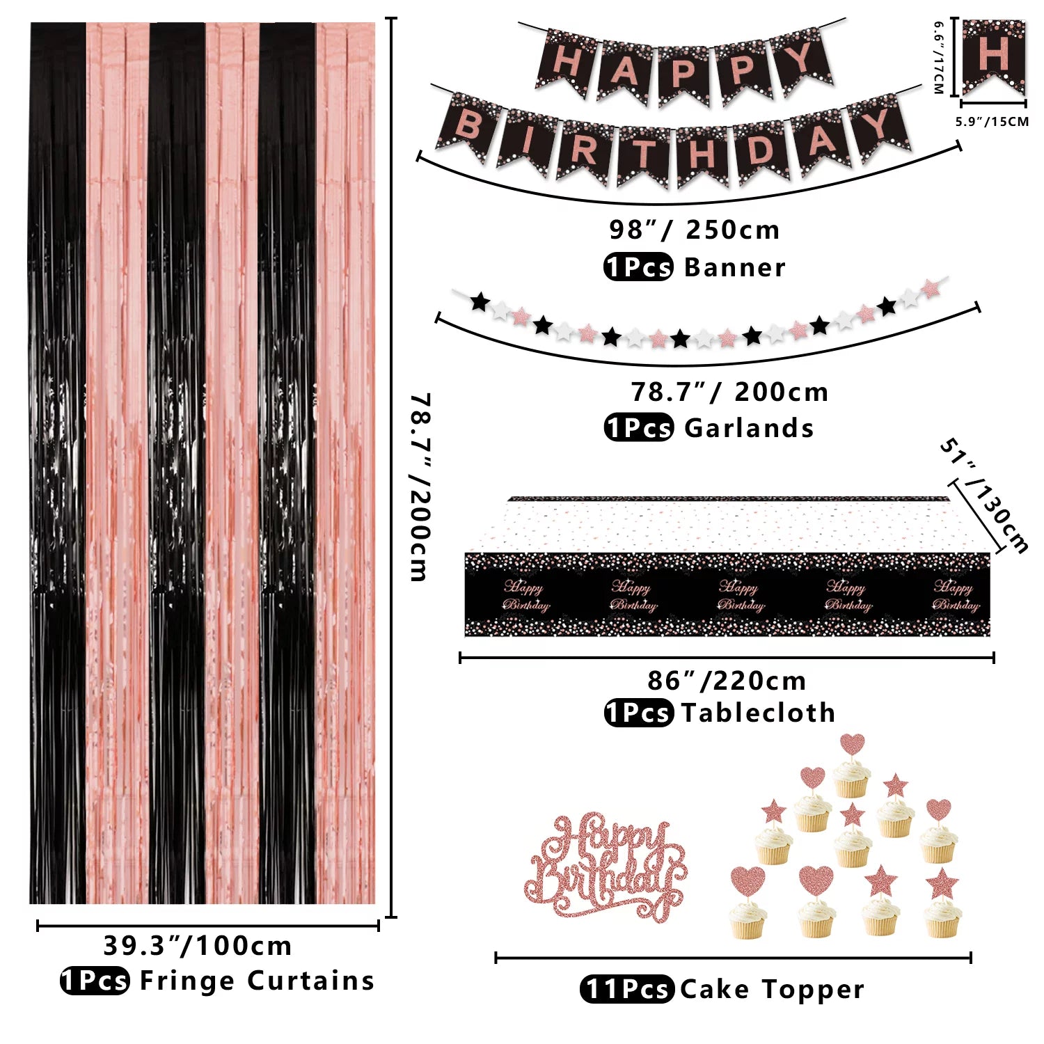 Rose Gold and Black Birthday Banner, Balloons, Fringe Curtains, Tablecloth and Cake Topper R107