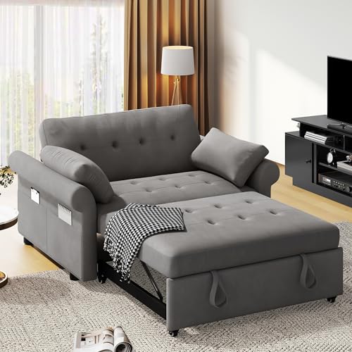Blue Gray 55'' Convertible Sleeper Sofa with Pullout Bed and 2 Pillows N37944