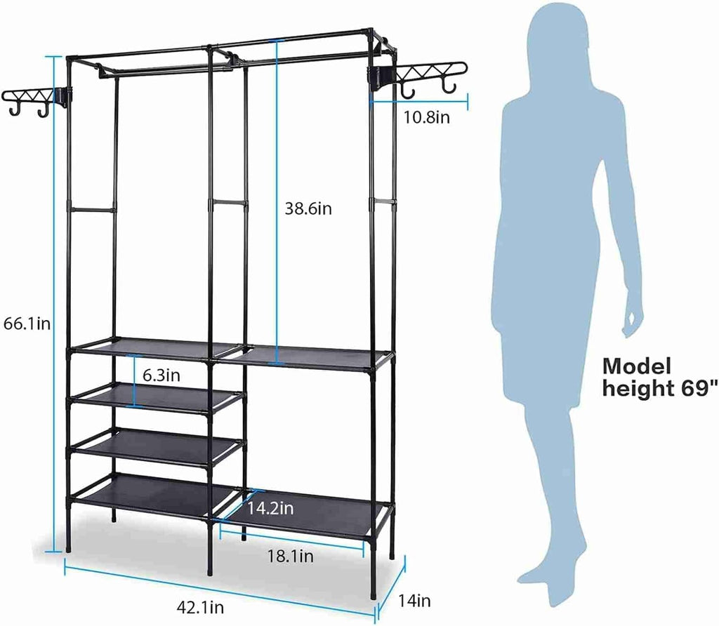66'' Coated Metal 4 Tiers Garment Rack with 4 Hooks & 2 Hanging Rods A950