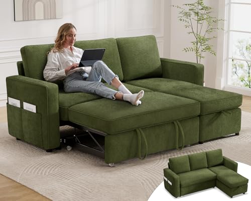 Green Chenille L Shaped Sleeper Sofa with Pull Out Bed O807