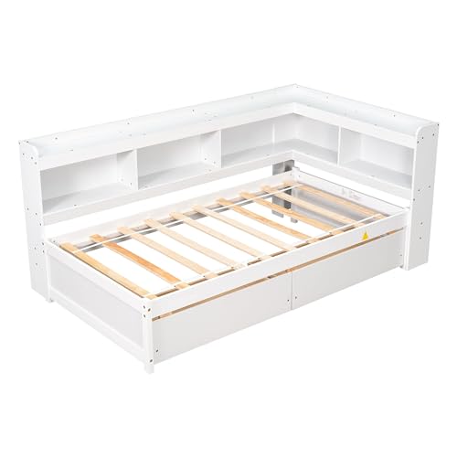 White Twin Size Wooden Bookcase Bed with Storage Drawers W98649