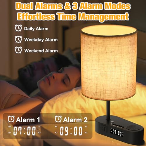 4-in-1 Touch Control Bedside Table Lamp with Bluetooth Speaker, Digital Clock, Dual Alarms, 3-Level Dimmable, USB C+A Charging Ports K13159
