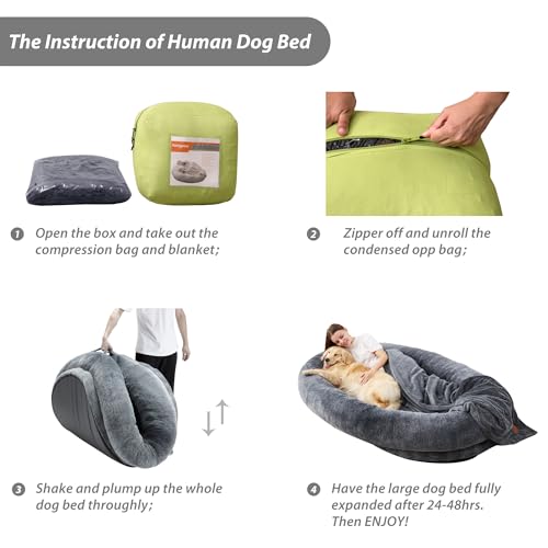 Large Human Dog Bed 72"x48"x10" Black with Washable Fur Cover O251