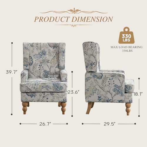 Blue Floral Upholstered Accent Chairs Set of 2 with Wood Legs W2158