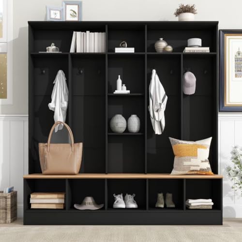 Black Hall Tree with Storage Bench and 8 Hooks W45580