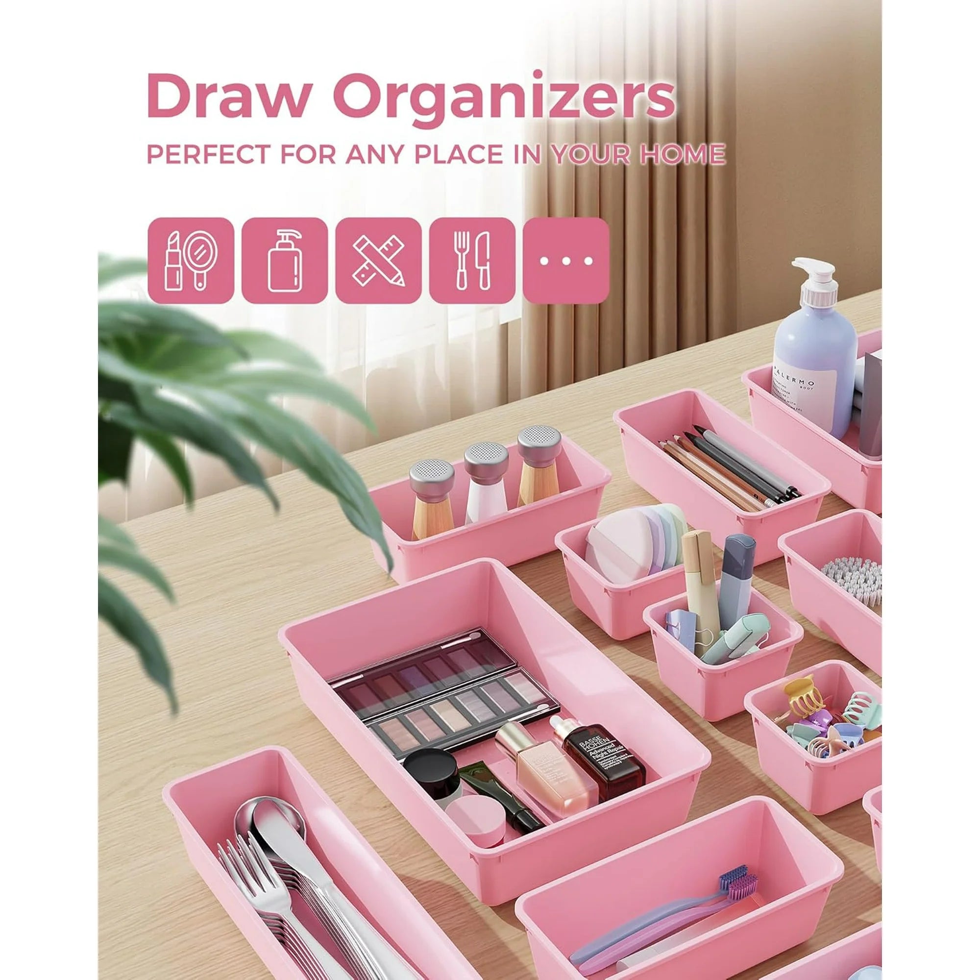 25 PCS Plastic Drawer Organizers Set, 4-Sizes (Pink) H257574