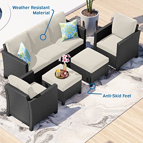 5 Piece Brown Wicker Patio Furniture Set with Beige Cushions B941578