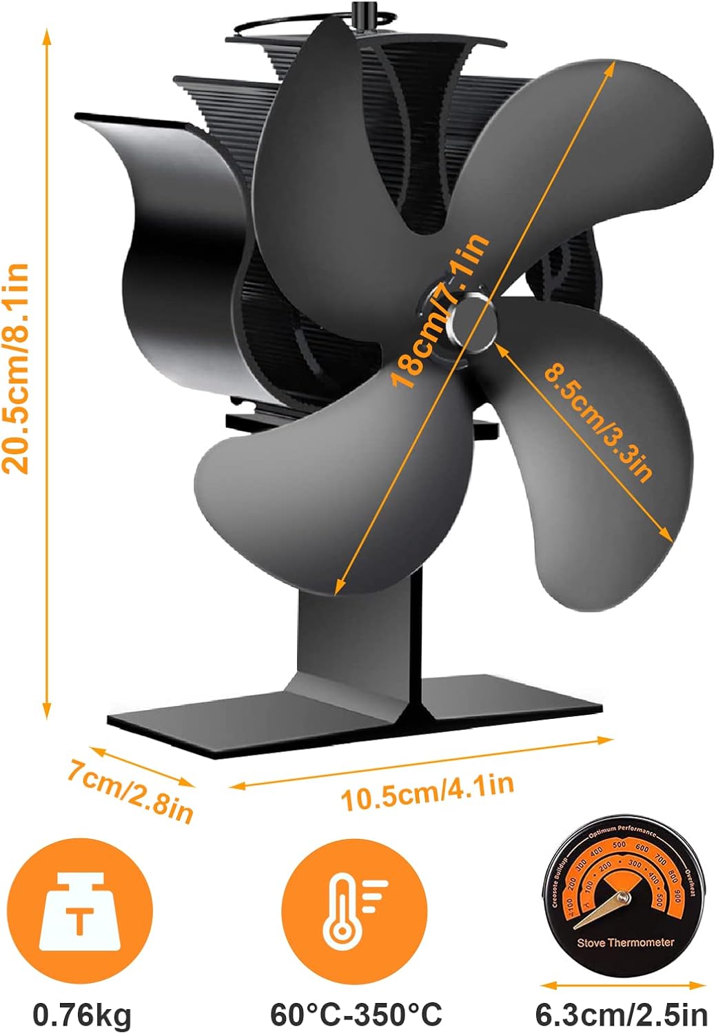 4 Blades Non-Electric Wood Stove Fan Pack of 2 C932