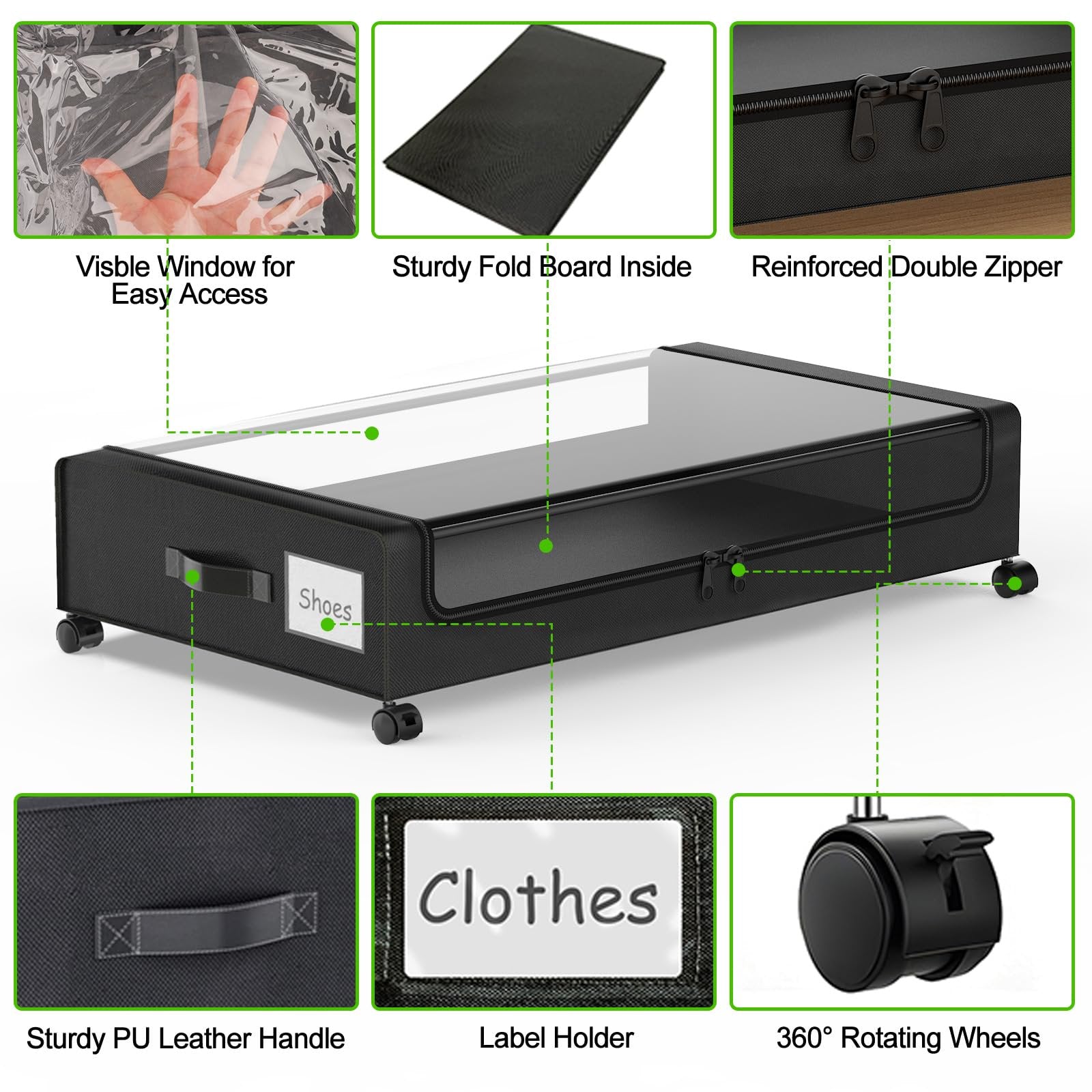 Black 2 Pack Rolling Underbed Storage Containers with Clear Lid W364