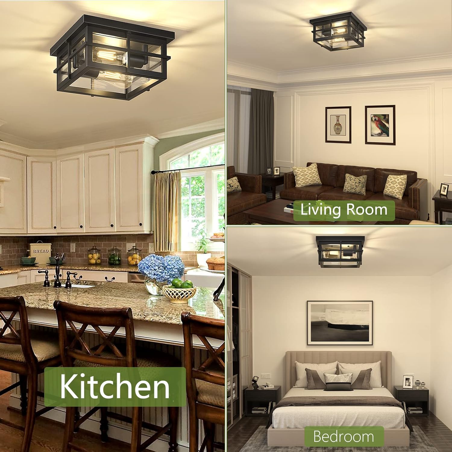 2-Light Black Flush Mount Ceiling Light Fixtures with Clear Glass Shade T111068