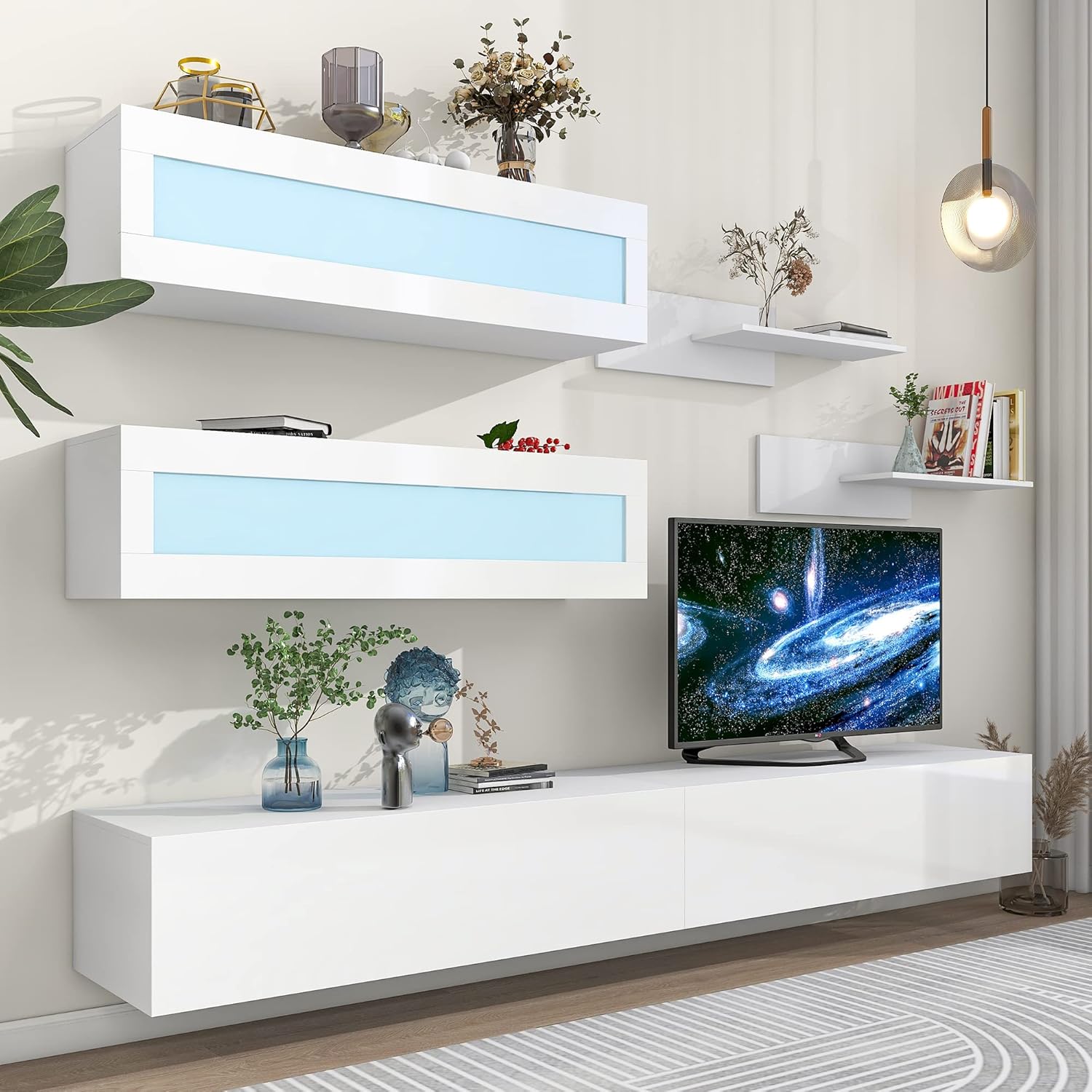 Wall Mount Floating Entertainment Center with 4 Storage Cabinets and 2 Shelves, High Gloss TV Stand J215309