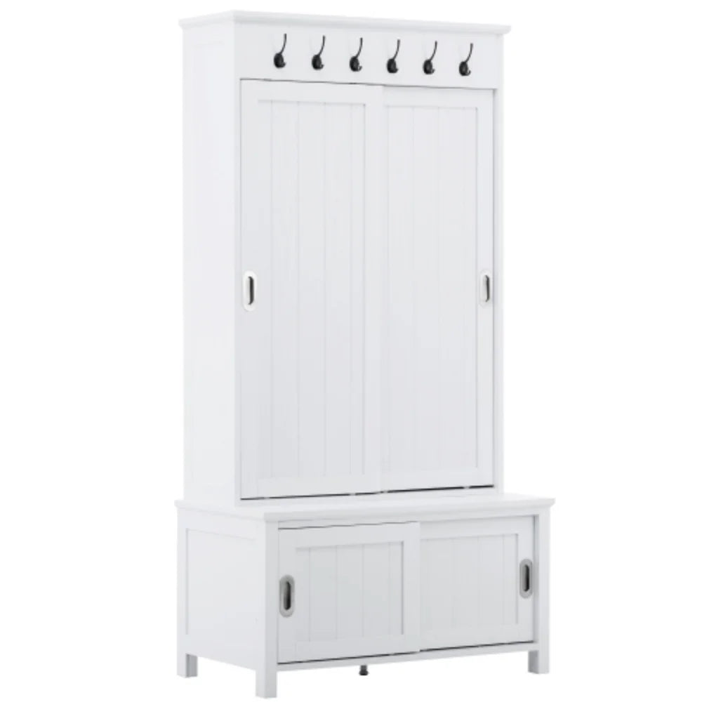 White Wooden Hall Tree with Sliding Doors and Storage Bench W631