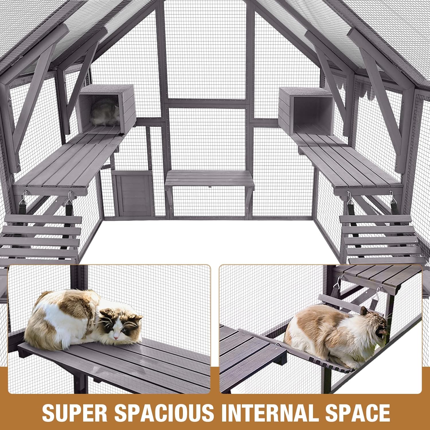 Large Cat House with Waterproof Roof Wooden Cat Enclosure I55217