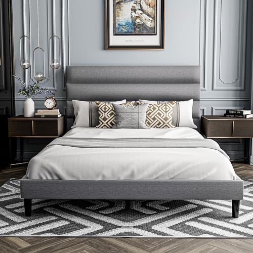 Dark Gray Full Size Linen Fabric Upholstered Platform Bed Frame U13911