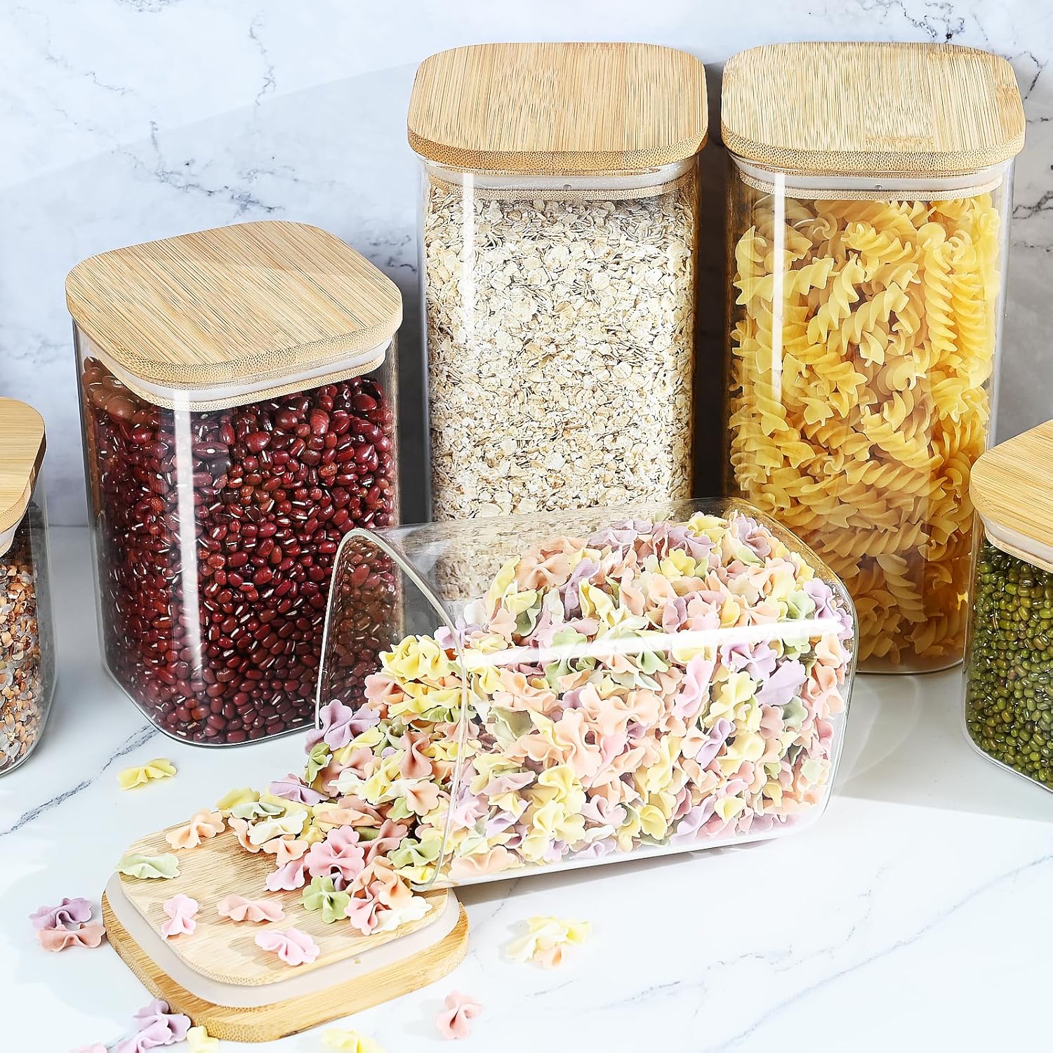 40oz Glass Food Storage Jars with Bamboo Lids, Clear Square Airtight Container Sets, Stackable Canisters (Set of 4) H80212