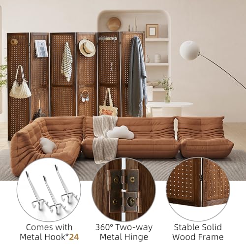 Natural Solid Wood 4 Panel Room Divider with Shelves and 16 Hooks G25804