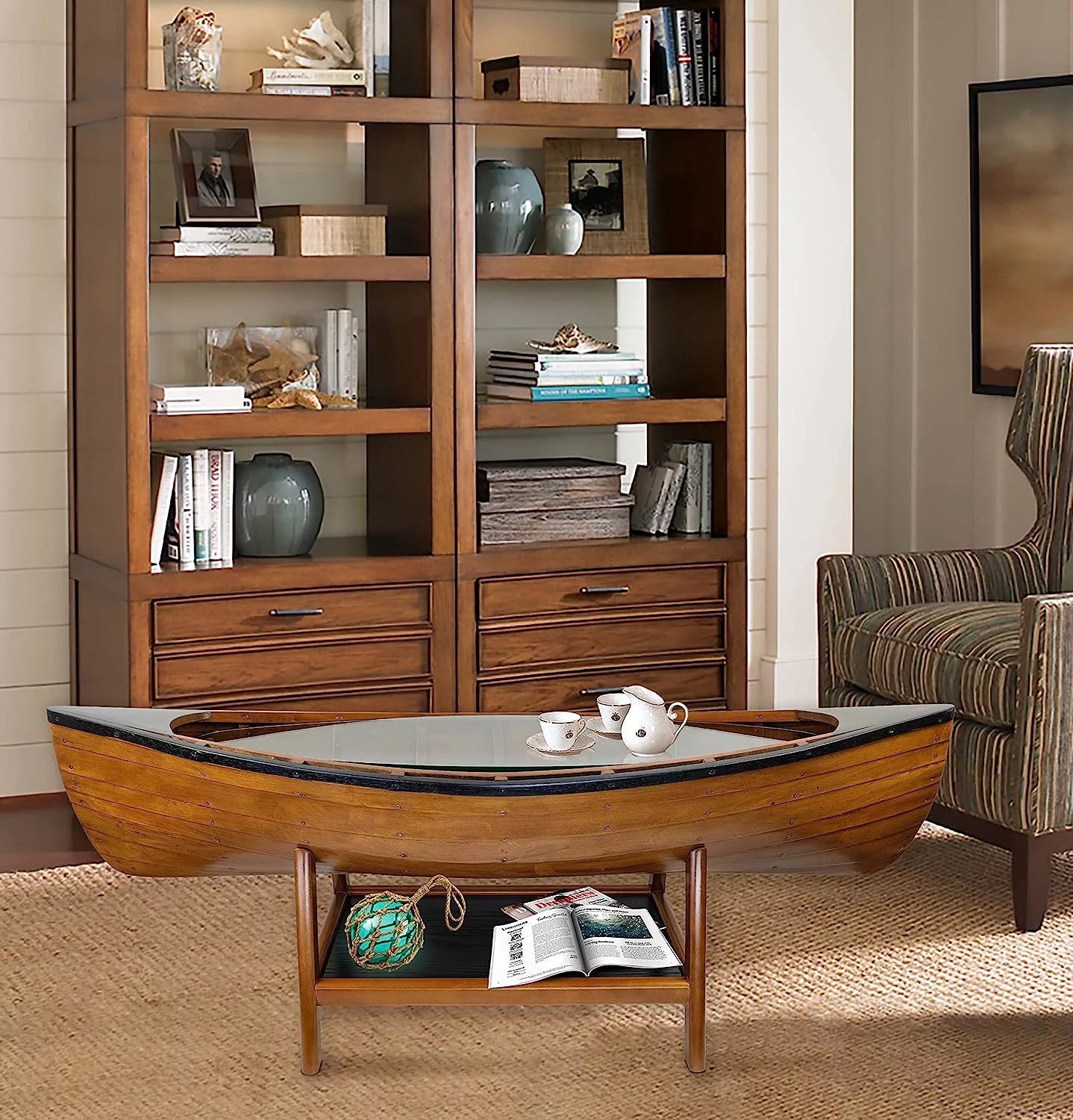Wooden Boat Canoe Coffee Table Antique Honey Finish Y20786