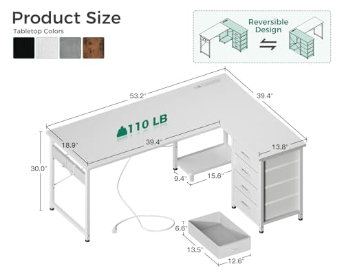 Black L Shaped Desk with 4 Tier Drawers, Power Outlets & USB O818