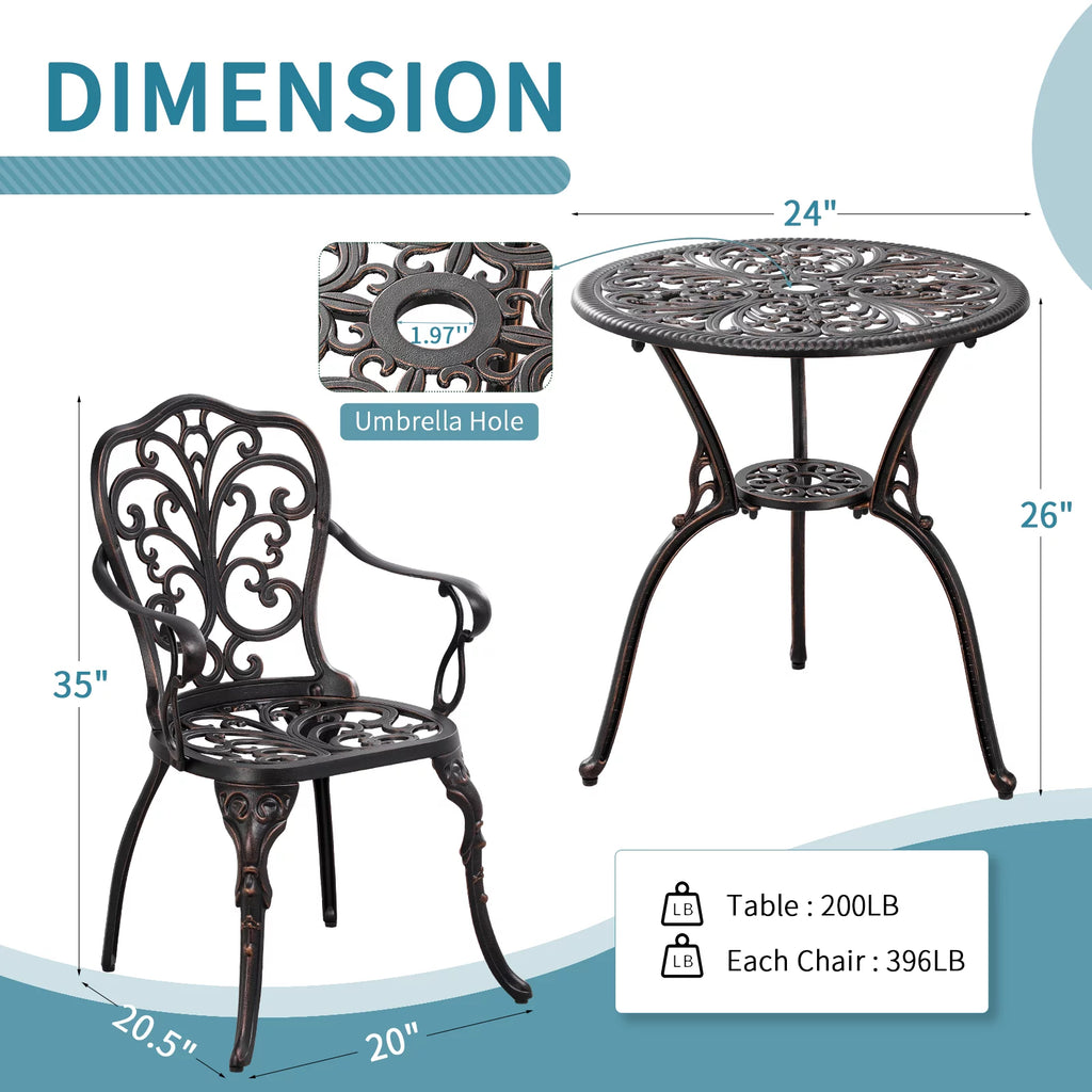3-Piece Bistro Table and Chairs Set of 2 Outdoor Furniture, Bronze D6955
