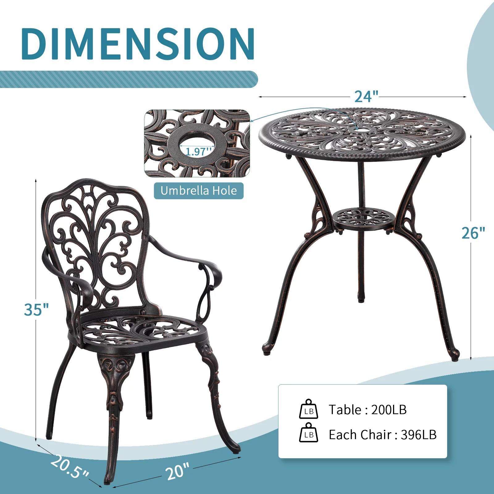 3-Piece Bistro Table and Chairs Set of 2 Outdoor Furniture, Bronze D6955