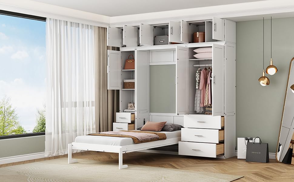 Twin Size Murphy Bed Frame with Lockers and Wardrobes, White R79415