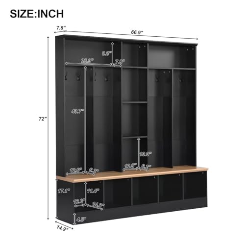 Black Hall Tree with Storage Bench and 8 Hooks W45580