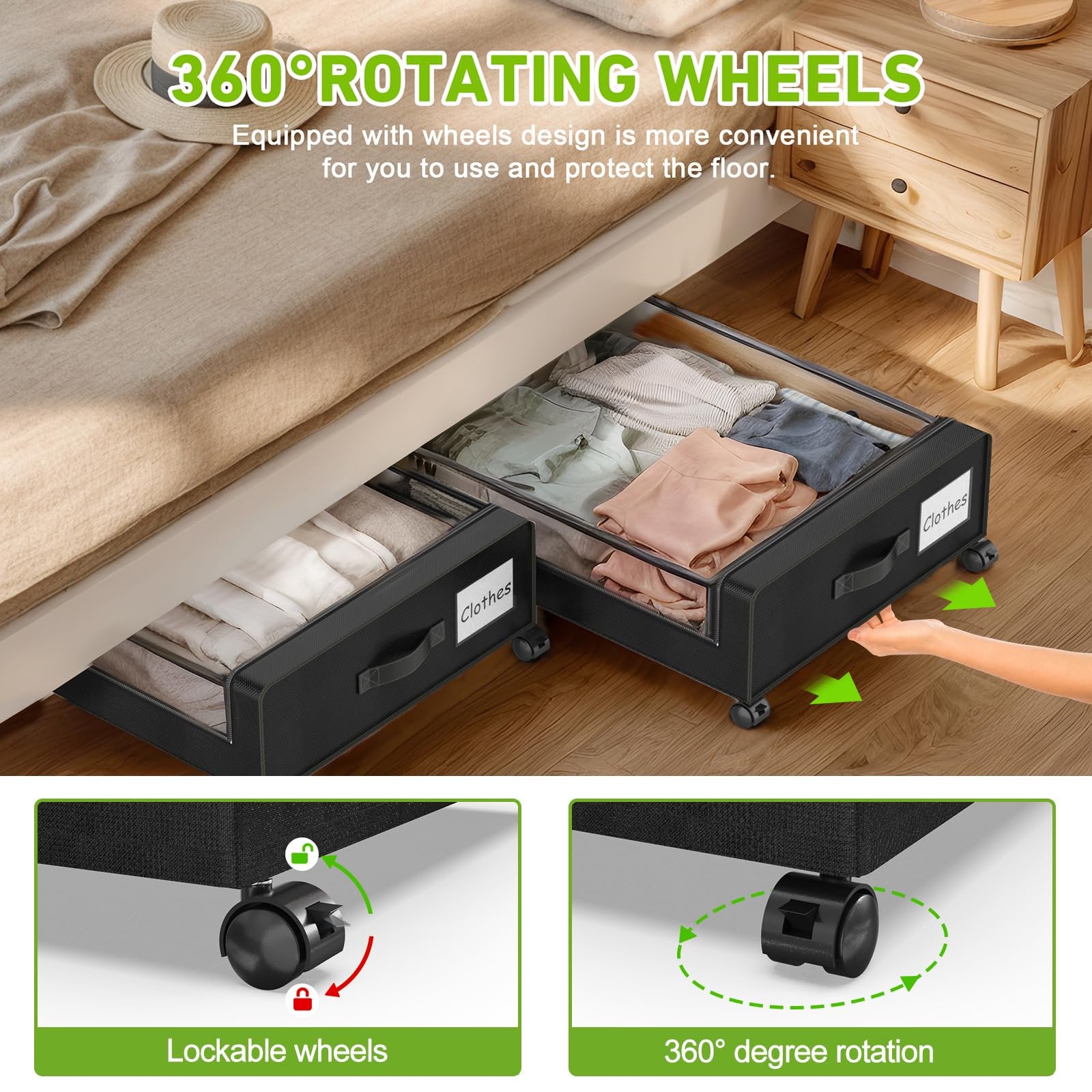 Black 2 Pack Rolling Underbed Storage Containers with Clear Lid W364