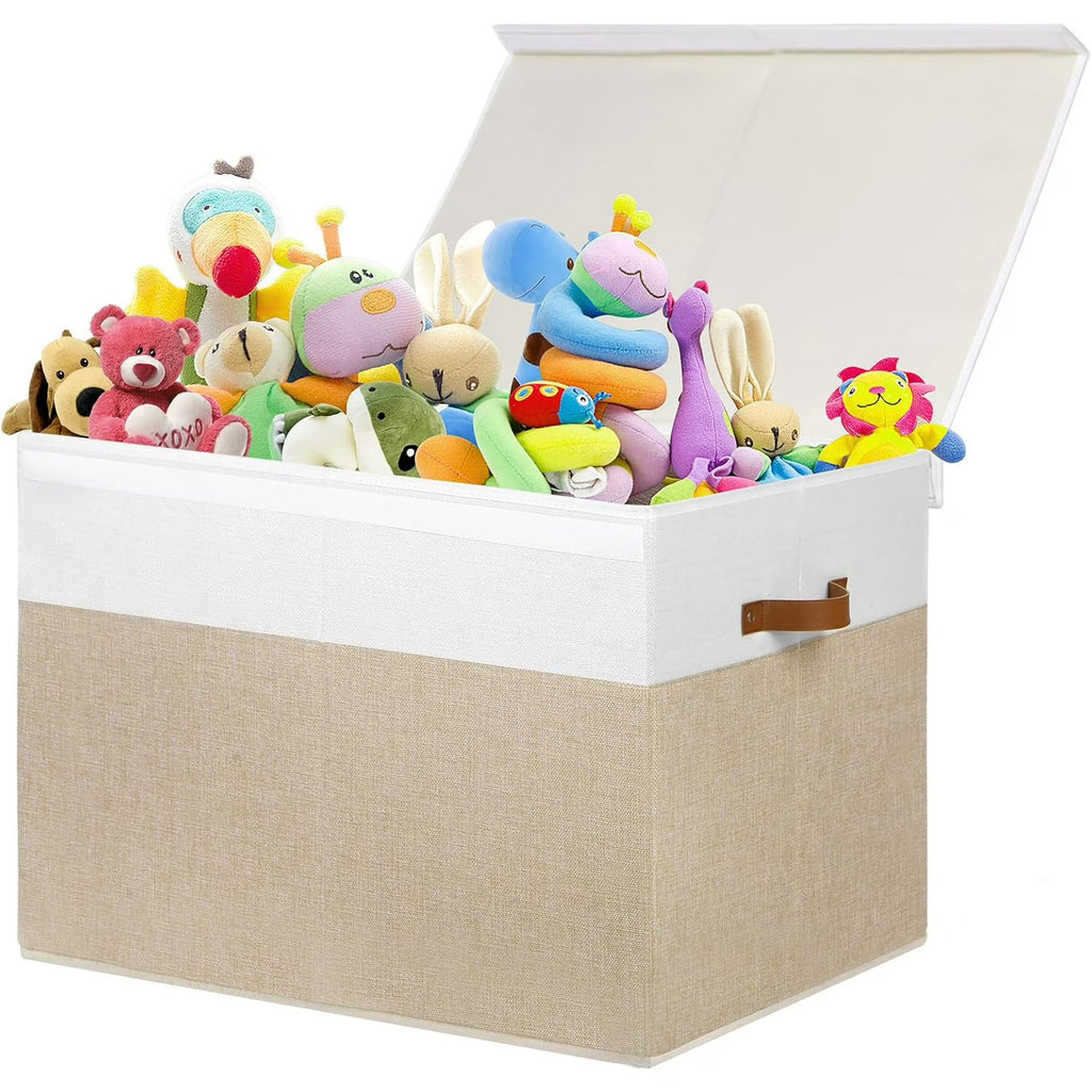 Extra Large Toy Storage Box with Lid, Beige and White R25814