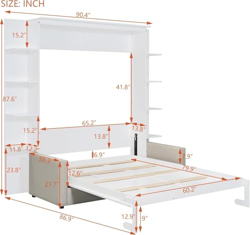 Queen Size Wood Murphy Bed with Storage Shelves and Sofa P72187
