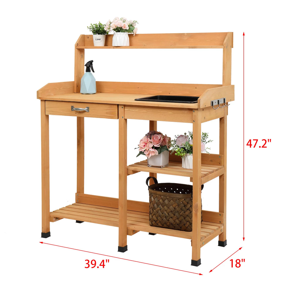 Natural Wooden Potting Bench with Sink and Storage Shelf X605