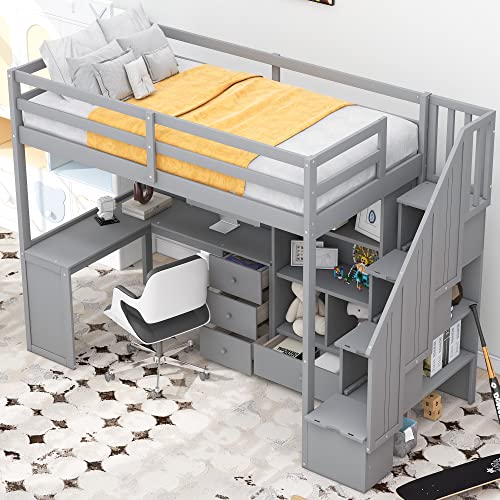Full Size Loft Bed with Desk and Shelves, Two Drawers, Gray L73426