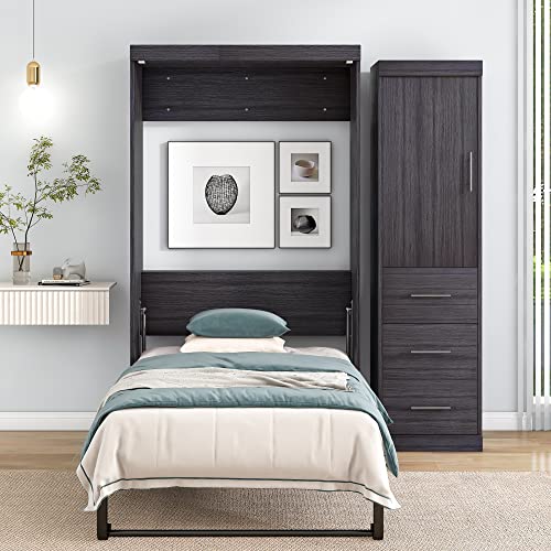Grey Twin Size Murphy Bed with Wardrobe and Storage Drawers Z7199