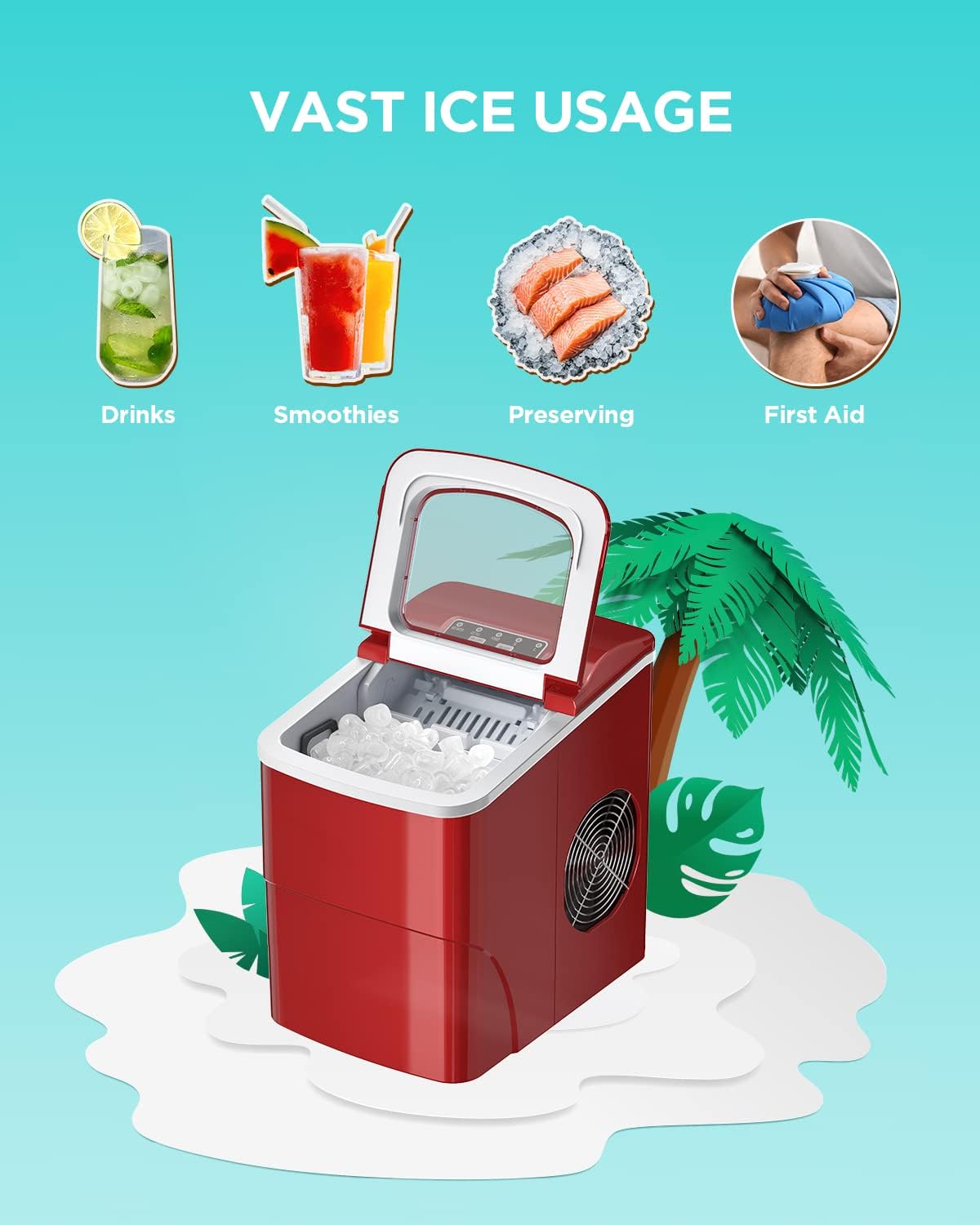 Red Ice Maker Machine, 26lbs 24Hrs Portable Self-Cleaning Z938