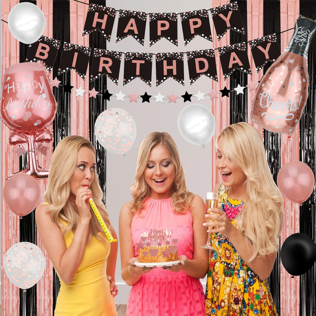 Rose Gold and Black Birthday Banner, Balloons, Fringe Curtains, Tablecloth and Cake Topper R107