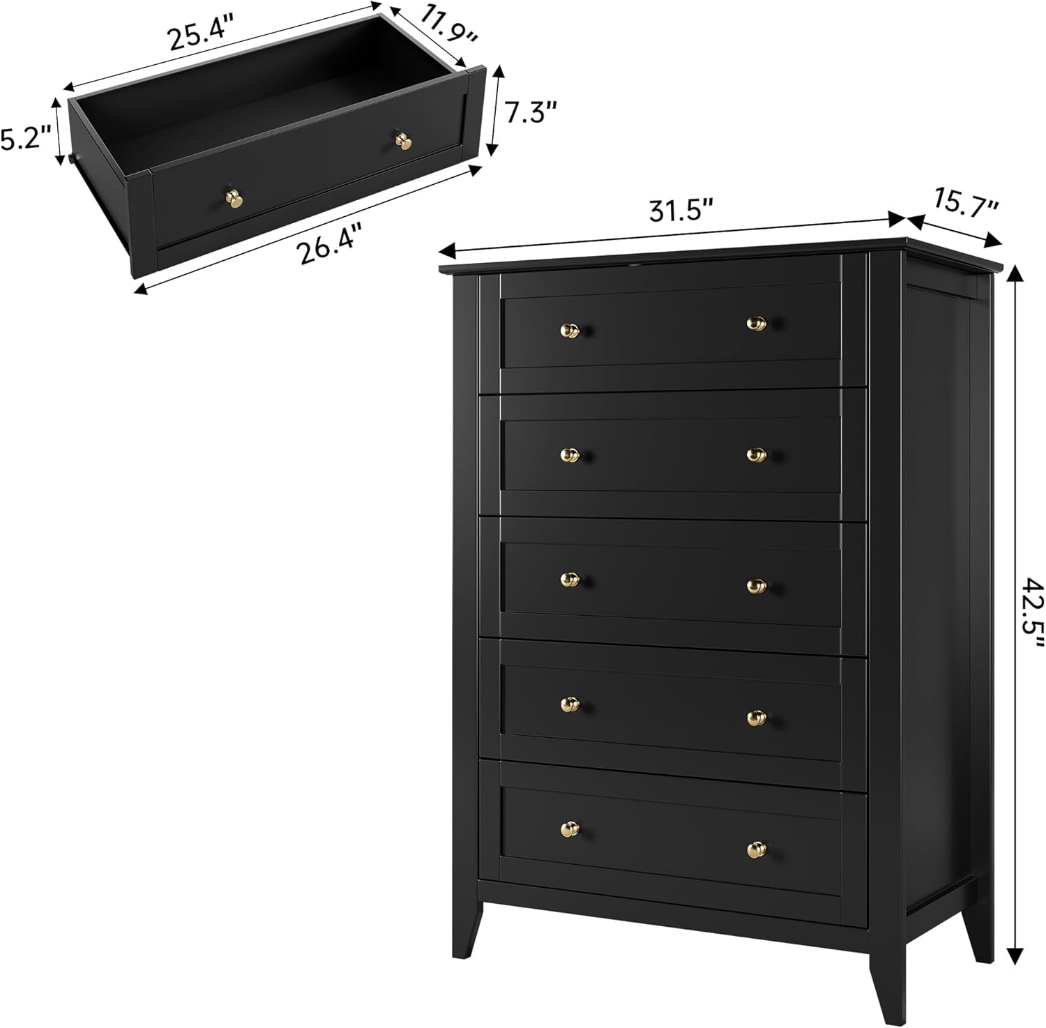 Black 5 Drawer Wood Dresser R7578