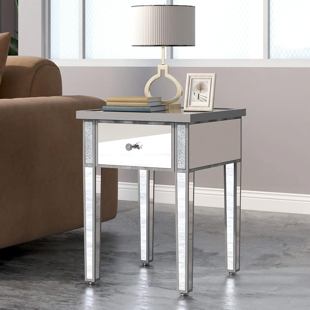 Silver Glass Mirrored End Table with Drawer M63592