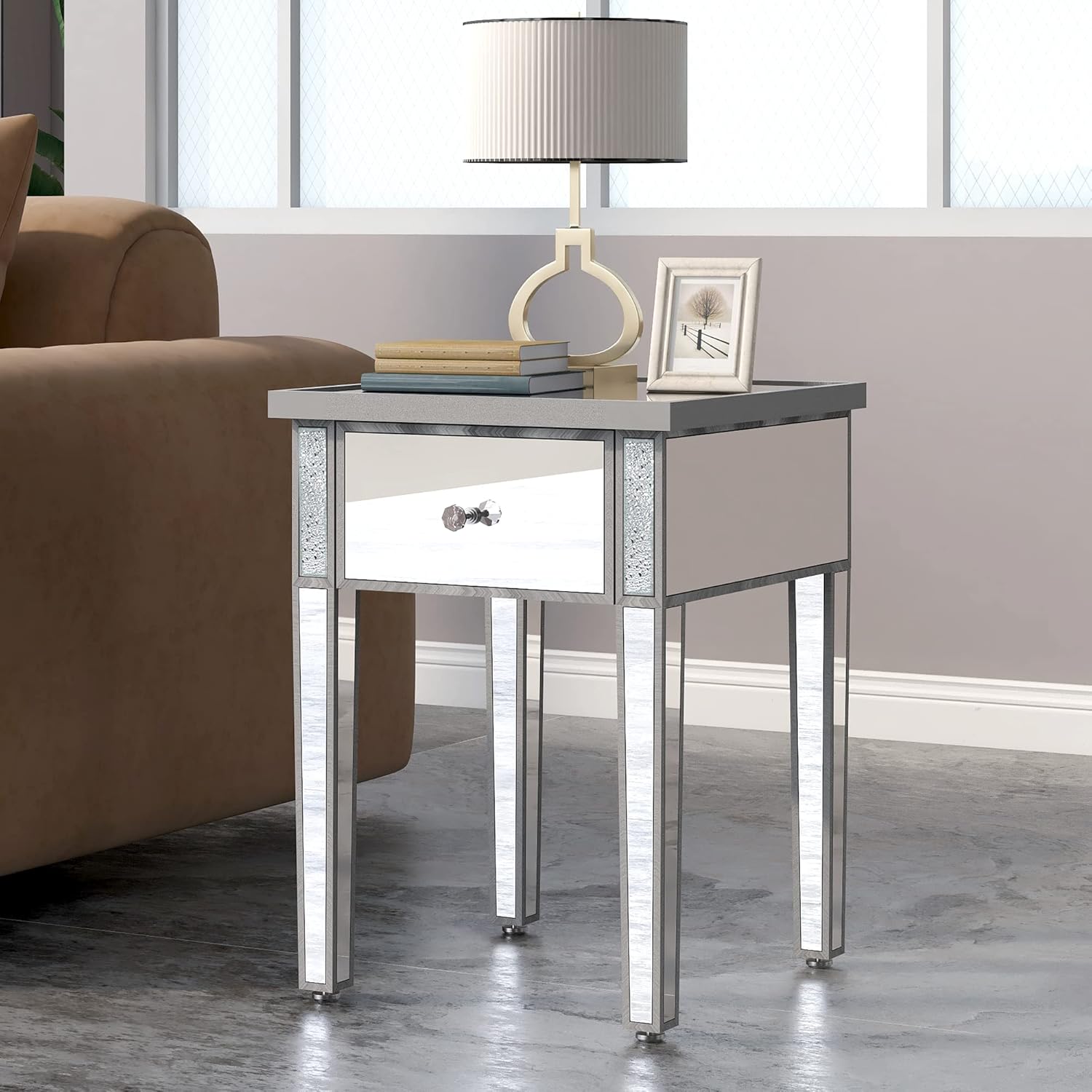 Silver Glass Mirrored End Table with Drawer M63592
