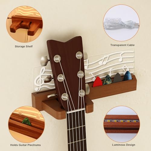 Solid Wood & Acrylic USB-Powered Guitar Wall Mount Stand with LED Lights Q696