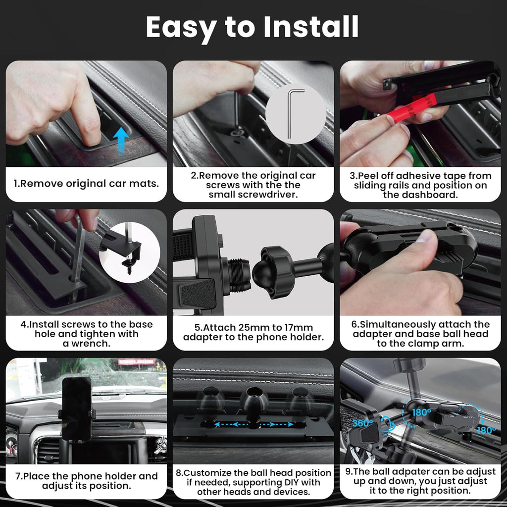 Metal Phone Mount for Ram Truck 2013-2018, Dash Mount Cell Phone Holder Compatible with RAM 1500/2500/3500 & 2019+ Classic, 360° Rotation Adapter Phone Stand J263359